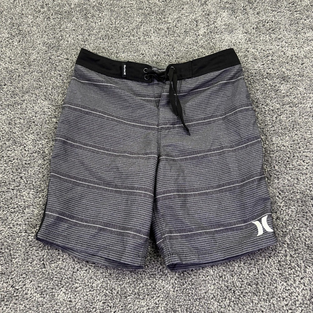 Hurley Board Shorts Boys 12 Gray Striped Swim Trunks Drawstring Surf Beach